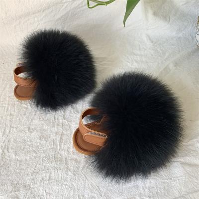 China 2021 Girls Kids Lightweight Cute Fur Slides Real Fox Fur Raccoon Fur Baby Toddler With Strap for sale