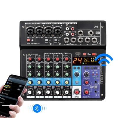 China Professional Portable Voice Mixer 6 Channel Digital Music Mixer Digital Sound Card DJ Audio Console A6 A6 for sale