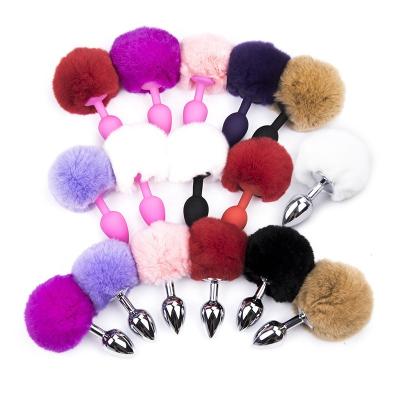 China Pink silicone + fur rabbit tail butt plug rabbit fox fur anal pink silicone tails gay anal plug sex toys picture for sale