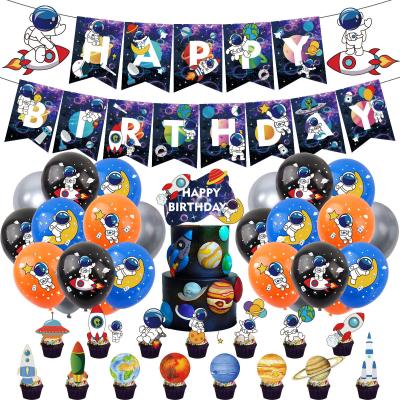 China 300g White Cardboard Space Theme Boy Birthday Party Decoration Astronaut Rocket Banner Balloon Caketopper Set for sale