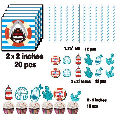 China 2021 Hot Sale 300GSM White Card Amazon Kid Birthday Shark Party Decoration Supplies Set Disposable Tableware Set With Deep Plate for sale