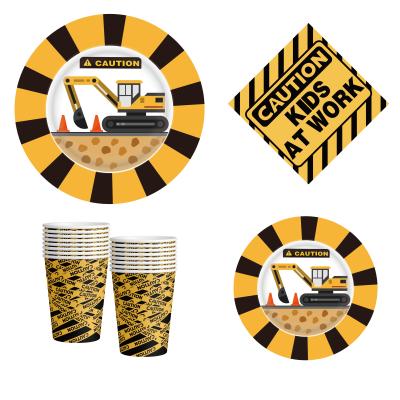 China 350gsm Custom Card Factory Excavator Birthday Party Tableware Set Decorations Excavator Paper Plate Cups Kids Party Supplies for sale