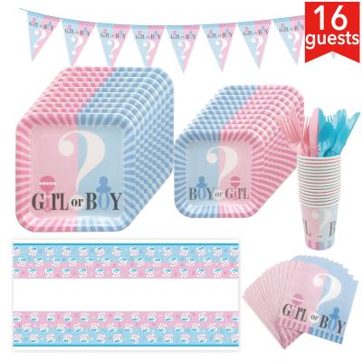 China Gender Reveal Decoration 99pcs Gender Reveal Supplies Party Boy or Girl Banner Paper Cup Paper Plate Tablecloth Paper Cup Tablecloth Knife Fork Spoon Dining Table Set Set for sale