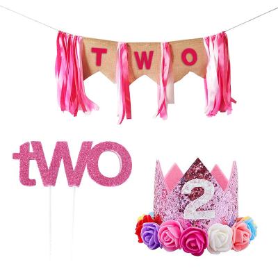 China ONE pinktheme baby birthday party decoration ONE baby birthday party decoration pinktheme baby chair pull flag cake flag crown dining headdress 1st for sale