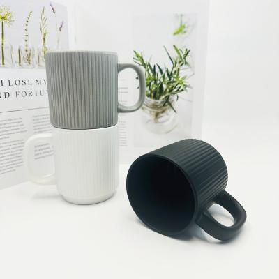 China Sustainable 2023 Hot Sale Nordic Ceramic Coffee Cup Unique Coffee Mugs 11oz 340ml Unique Drinkware Mug With Embossed Lines Design for sale