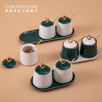 China OSBORN Middle Porcelain Condiment Jar Spice Container Ceramic Salt Shaker Is Viable With Lids Spoon Tray for sale