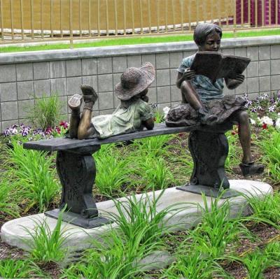 China Bronze Europe Little Girl And Boy Reading On Bench Garden Copper Statue Sculpture for sale