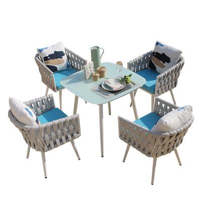 China Modern Outdoor Garden Furniture Rope Chair Sets Wicker Weaving Patio Sofa Garden Set Outdoor Armchair Glass Table for sale