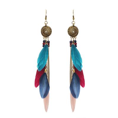 China FASHIONABLE Multi Chain Bohemia Ethnic Feather Retro Tassel Retro Fewather Long Style Feather Earrings Creative Jewelry For Women for sale