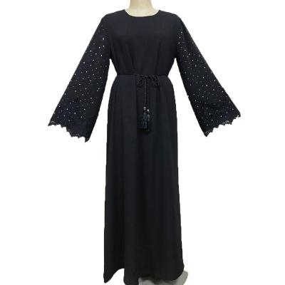 China Polyester Hotsale Muslim Women Formal Dress With Beaded And Lace Sleeves Designs Islamic Dresses With Waist Belt Women Muslim Abaya Dress for sale