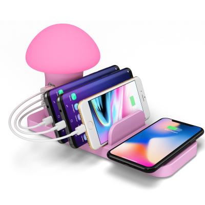 China Mobile Phone Tablet MP3 GPS Pink Color USB Charging Station with Light Wireless Charger and Mushroom Night Quick Charge 3.0 for sale