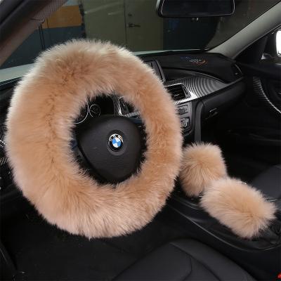 China Durable 3 In 1 Pcs Luxury Soft Fur Car Handbrake Cover Steering Wheel Covers Fluffy Gear Shift Cover For Women Ladies Girls for sale