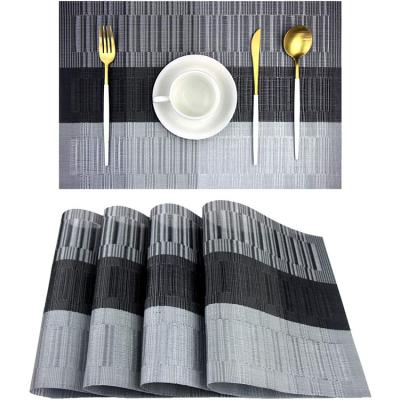 China Viable Waterproof Black and Gray Placemats 6 Mat Woven Vinyl Laminated Table Set Easy to Clean Wipeable Spring Heat Resistant Mat for sale