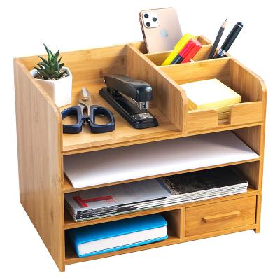 China Sustainable Bamboo Organizer Holder with Storage Drawer, Wooden 4 Tier Office Desk Notepad Organizer for sale