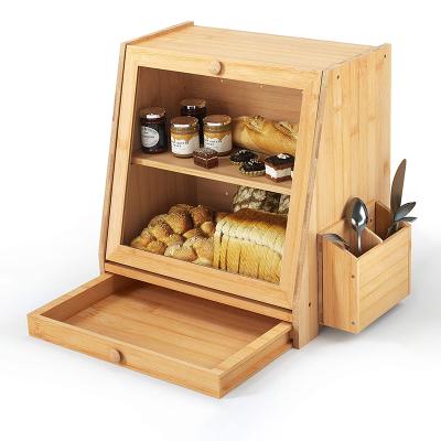 China Sustainable Bamboo Bread Bin For Kitchen Counter, Adjustable 2 Layer Wooden Bread Bin With Acrylic Stained Glass And Storage Drawer for sale