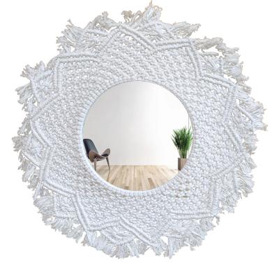 China Minimalist contemporary fringe round wall mirror with macrame for sale