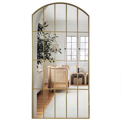 China Wholesale Glamorous Minimalist Gold Arch Iron Metal Framed Large Large Full Length Bathroom Hanging Wall Window Grille Mirror Espejo Spiegel for sale