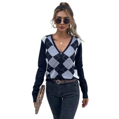 China Anti-wrinkle V-Neckline Cardigan Plus Velvet Sweater Grid Sweaters Women Tops for sale