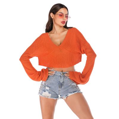 China Anti-Wrinkle 2021 Drop Solid V-Neck Pullovers Flare Long Sleeve Red Crop Tops Knit Sweater For Women for sale