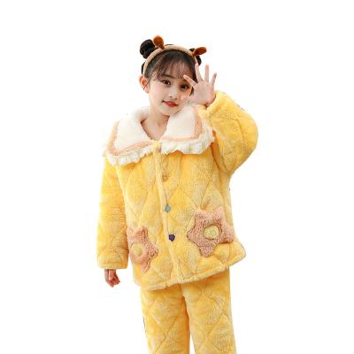 China YAJIANUO Girls Yellow Pajamas Winter Flannel Flower Lace Pajamas Thermal Soft Warm Cute Kids Pajamas For Children for sale