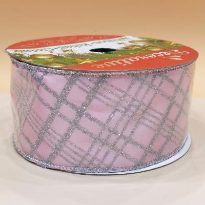 China Stock Best Price Christmas Decorative Ribbon Polyester Single Face Satin Printed With Glitter Plaid Ribbon for sale