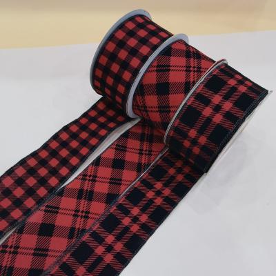 China New Christmas bundling plaid ribbon cable edge plaid ribbon burlap bunded ribbon by 2.5 inch width for sale