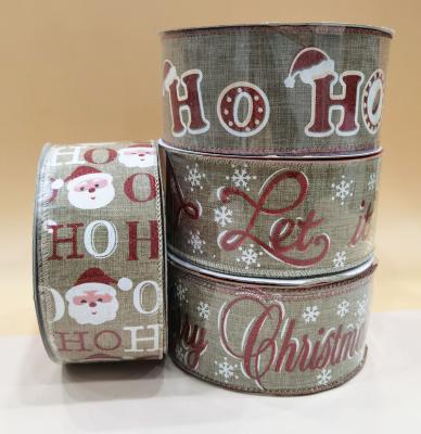 China New HO HO HO Let It Snow The Last Ribbon Christmas Printed Burlap Ribbon Cable Edge Ribbon for sale