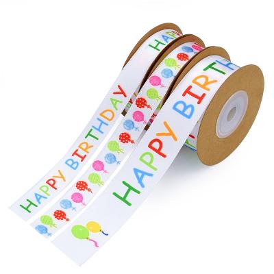 China Happy Birthday Iridescent Balloon Printed Ribbon Polyester Satin Ribbon For Birthday Cake Decorate for sale