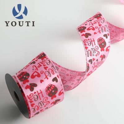 China Wholesale Soft Viable Red Satin Ribbon Valentine's Day Heart Print Burlap Red Pink Ribbon for sale