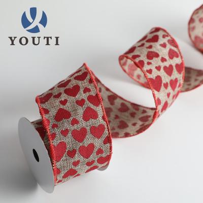 China Edge Heart Printing Burlap Ribbon Wedding Wrapping Ribbon Viable Hot Selling Cable Ribbon for sale