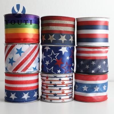 China Sustainable Hot Sale Polyester Wired Edge Ribbon Independence Day Decorative Printing Cable Ribbon for sale