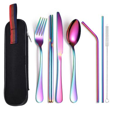 China Colorful Mirror Disposable Reusable Camping Kitchen Kitchen Spoon Fork Knife Stainless Steel Travel Polishing Flatware Cutlery for sale