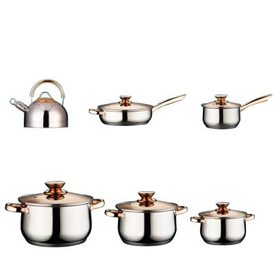 China Sustainable Saucepan 12 Pieces Set Stainless Steel Saucepan With Handle Gold Kitchen Explosion Proof Glass Topper Baskets Cooking Pot Set for sale