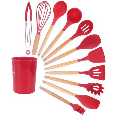 China 2021 Viable Kitchen Accessories Cooking Tools Kitchen Utensils Kitchenware Soft Silicone With Wooden Handles Hot Sale 12pcs In1set for sale