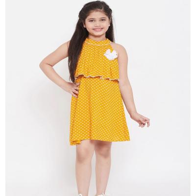 China new style Anti-wrinkle girl clothes yellow and white printed cotton a line summer baby girl dress for sale