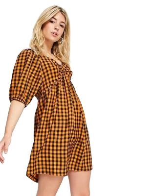 China New Fashionable Wholesale Anti-Static Plaid Women Dress With Puff Sleeves For Ladies for sale