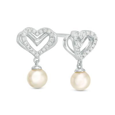 China Trendy Open Zircon Design 925 Sterling Silver Fashion Jewelry Pave Heart Freshwater Pearl Stud Earrings for sale