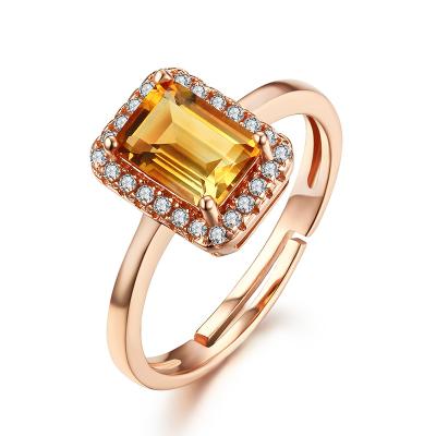 China Fashion Jewelry Cheap Silver Rectangle Citrine Ring Gold Plated Ring CZ Citrine Engagement Ring for sale