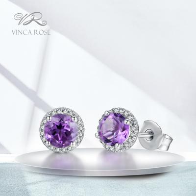 China Hot Sale Fashionable Simple Stone Earring 925 Sterling Silver Ladies Jewelry Amethyst Stud With Natural Gemstone for sale