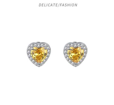 China Europe and Japan Style S925 Sterling Silver Heart-Shaped Earrings with Yellow Diamond for sale