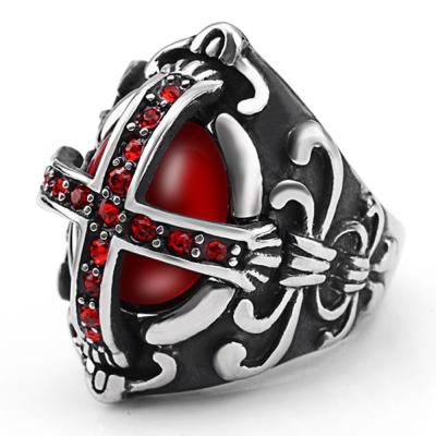 China Trendy Men's Cross Ring Stainless Steel Red Diamond Gothic Retro Jewelry 28mmX23mm for sale