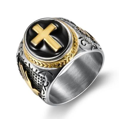 China Retro Cross Titanium Steel Men's Ring Hand of God Black Epoxy European and American for sale