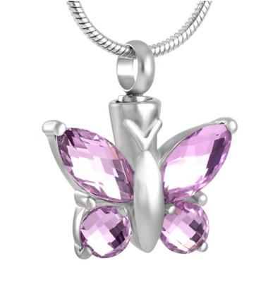 China Crystal Butterfly Pendant Necklace Cremation Urn in Purple/Blue/Red/Green/Pink for Memorial Jewelry Keepsake for sale