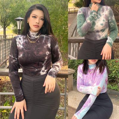 China 2020 Autumn Winter Women Antibacterial Basic Clothing Casual Stretchy Bodycon Jumpsuit Wholesale Fabric Long Sleeve High Neck Tied Dyed Cotton for sale