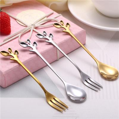 China Stainless Steel Sustainable Spoon Coffee Creative Wedding Gift Leaf Spoon And Fruit Fork for sale