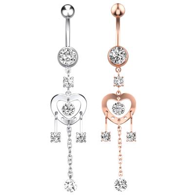 China Vintage Amazon Europe Hot Sale 304 Stainless Steel Zircon Navel Nail Fashion Heart Shaped Piercing Chain Jewelry for sale