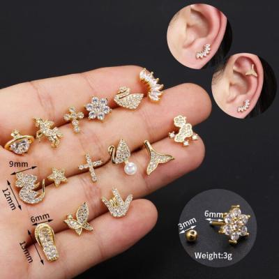 China New Hot Selling Cute Gold Plated Zircon Amazon Stainless Steel Stud Earrings Shape Perforated Jewelry for sale