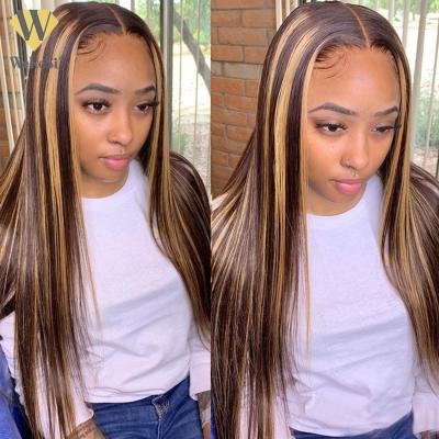 China Silky Straight Wave Customized Texture Long 40 Inches Honey Brown Highlight Color Cuticle Aligned Hair HD Lace Front Wigs for sale