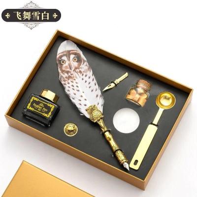 China Luxury style 2022 Antique Feather Pen Owl Quill Pen and Ink Set, Vintage Dip Pen Set, Calligraphy Writing Ink Pen Kit for sale