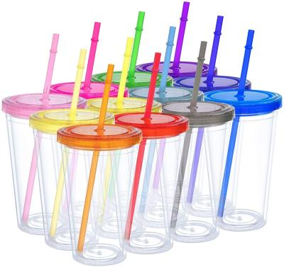 China Amazon 2021 viable the same 16oz reusable cup clear insulated double cup hot sale plastic tumbler wall with color lid and straw for sale